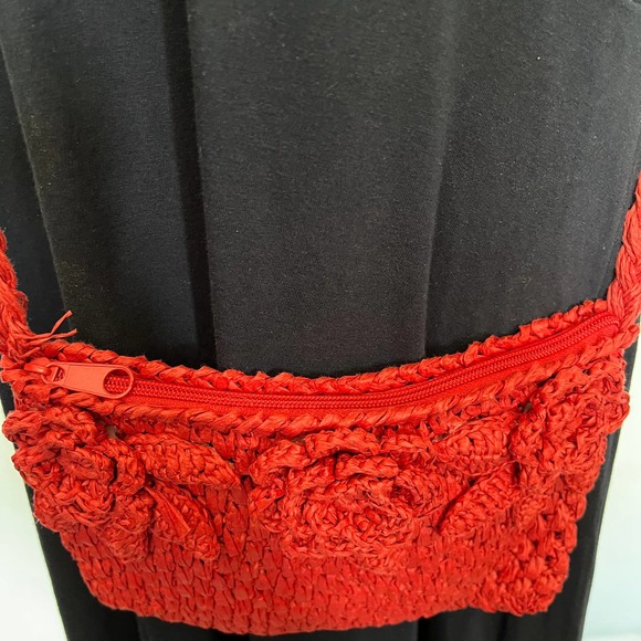 Cappelli Straworld Crossbody Purse Red Raffia Floral Crochet - Picture 6 of 12
